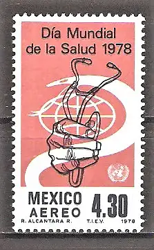 Briefmarke Mexiko Mi.Nr. 1583 ** Weltgesundheitstag 1978 Kampf gegen Bluthochdruck / Schlauchstethoskop, Äskulapnatter und Erdkugel