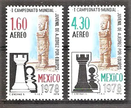Briefmarke Mexiko Mi.Nr. 1601-1602 ** 1. Jugend-Schachweltmeisterschaft für Mannschaften 1978 / Turm“ und „Bauer“ & Maya-Figur