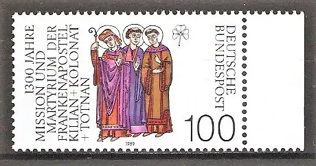 Briefmarke BRD Mi.Nr. 1424 ** Seitenrand rechts - 1300. Todestag der Frankenapostel Kilian, Kolonat und Totnan 1989