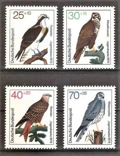 Briefmarke BRD Mi.Nr. 754-757 ** Jugend 1973 Greifvögel / Fischadler, Mäusebussard, Rotmilan, Wiesenweihe / Kompletter Satz !