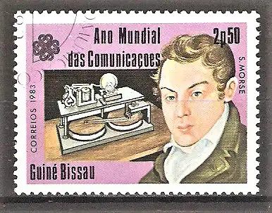Briefmarke Guinea-Bissau Mi.Nr. 700 o Weltkommunikationsjahr 1983 / Samuel Morse - Morse-Apparat