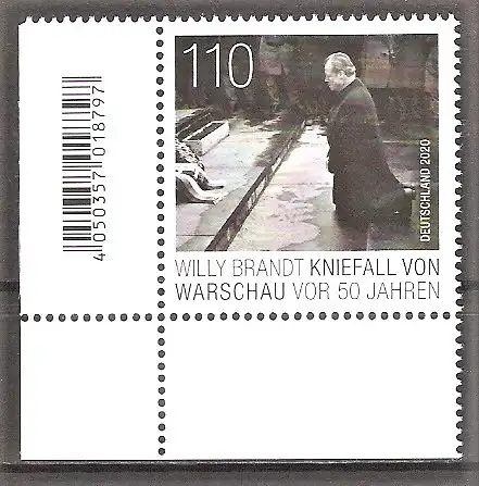 Briefmarke BRD Mi.Nr. 3579 ** BOGENECKE u.l. 50. Jahrestag des Kniefalls von Warschau 2020 / Bundeskanzler Willy Brandt