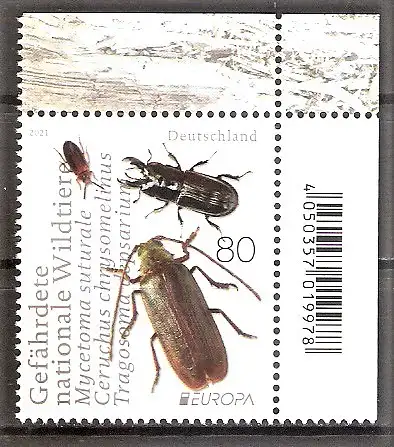 Briefmarke BRD Mi.Nr. 3605 ** BOGENECKE o.r. Europa CEPT 2021 / Käfer / Harzporling-Düsterkäfer, Rindenschröter, Zottenbock