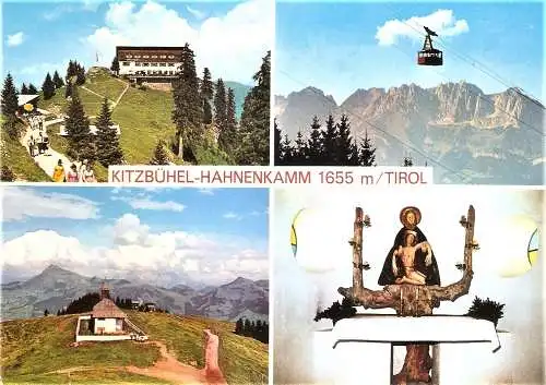 Ansichtskarte Österreich - Kitzbühel / Hahnenkamm - Gipfelrestaurant, Seilbahn mit Wilder Kaiser, Bergkirchlein am Hahnenkamm (1613)