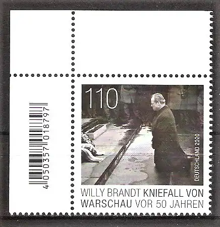 Briefmarke BRD Mi.Nr. 3579 ** BOGENECKE o.l. 50. Jahrestag des Kniefalls von Warschau 2020 / Bundeskanzler Willy Brandt