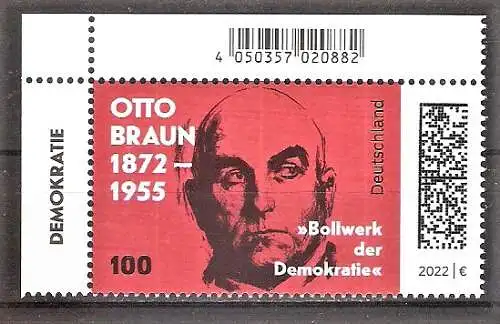Briefmarke BRD Mi.Nr. 3660 ** BOGENECKE o.l. 150. Geburtstag von Otto Braun 2022 / Deutscher Sozialdemokrat und Politiker