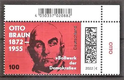 Briefmarke BRD Mi.Nr. 3660 ** BOGENECKE o.r. 150. Geburtstag von Otto Braun 2022 / Deutscher Sozialdemokrat und Politiker