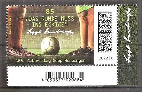 Briefmarke BRD Mi.Nr. 3675 ** BOGENECKE u.r. / Sepp Herberger 2022 - Deutscher Fußball-Nationaltrainer