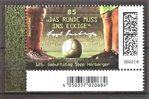 Briefmarke BRD Mi.Nr. 3675 ** BOGENECKE u.l. / Sepp Herberger 2022 - Deutscher Fußball-Nationaltrainer