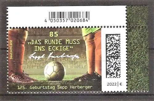 Briefmarke BRD Mi.Nr. 3675 ** BOGENECKE o.r. / Sepp Herberger 2022 - Deutscher Fußball-Nationaltrainer