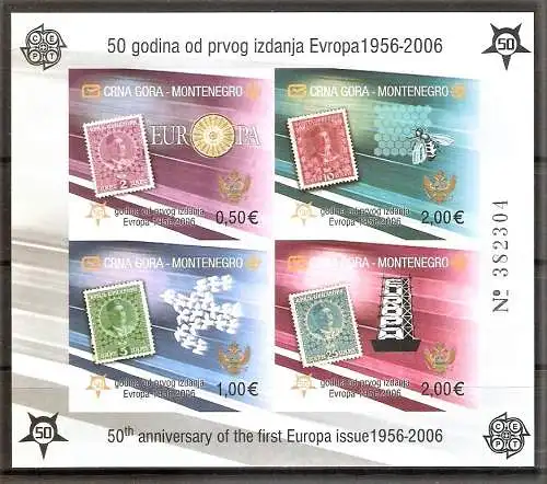 Briefmarke Montenegro Block 2 B ** (Mi.Nr. 108-111 B) 50 Jahre Europamarken / Europa CEPT 2006