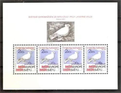 Briefmarke Tschechoslowakei Block 54 F ** (F = Kontrollnummer fehlt!) (Mi.Nr. 4 x 2720) Internationales Friedenstreffen Prag 1983