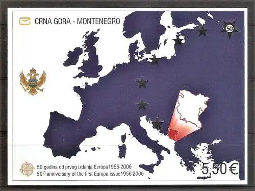 Briefmarke Montenegro Block 3 ** 50 Jahre Europamarken CEPT 2006 / Landkarte Europas mit Hervorhebung Montenegros