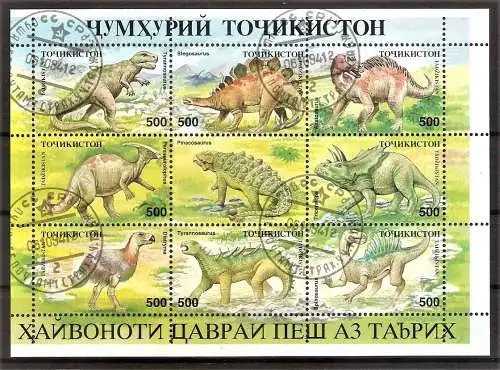 Briefmarke Tadschikistan Mi.Nr. 50-57 o Zusammendruck Kleinbogen mit Zierfeld !!! Dinosaurier 1994