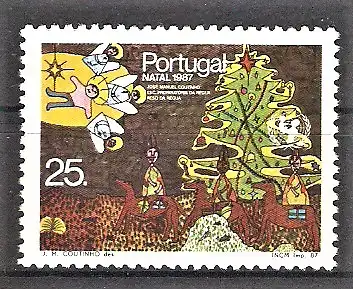 Briefmarke Portugal Mi.Nr. 1736 A ** Weihnachten 1987 / Kinderzeichnung: Die Heiligen Drei Könige, Weihnachtsbaum, Engel