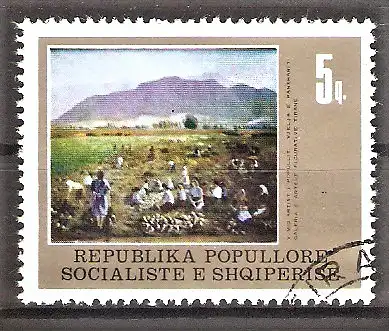 Briefmarke Albanien Mi.Nr. 1936 o 20. Todestag von Vangjush Mio 1977 / Gemälde "Landarbeiter auf dem Feld"