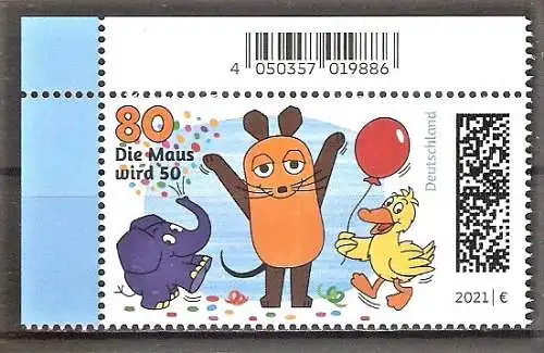 Briefmarke BRD Mi.Nr. 3596 ** BOGENECKE o.l. 50 Jahre Kinderfernsehserie „Die Sendung mit der Maus“ 2021