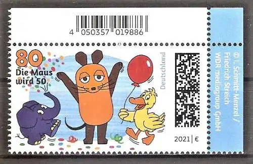 Briefmarke BRD Mi.Nr. 3596 ** BOGENECKE o.r. 50 Jahre Kinderfernsehserie „Die Sendung mit der Maus“ 2021