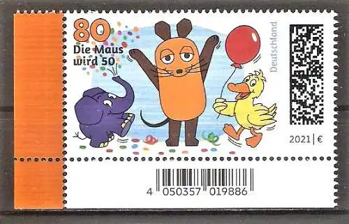 Briefmarke BRD Mi.Nr. 3596 ** BOGENECKE u.l. 50 Jahre Kinderfernsehserie „Die Sendung mit der Maus“ 2021