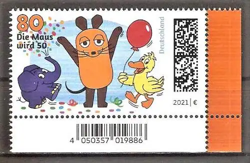 Briefmarke BRD Mi.Nr. 3596 ** BOGENECKE u.r. 50 Jahre Kinderfernsehserie „Die Sendung mit der Maus“ 2021