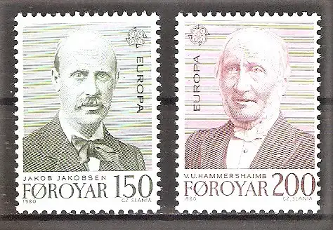 Briefmarke Färöer Mi.Nr. 53-54 ** Europa CEPT 1980 - Bedeutende Persönlichkeiten / Kompletter Satz !