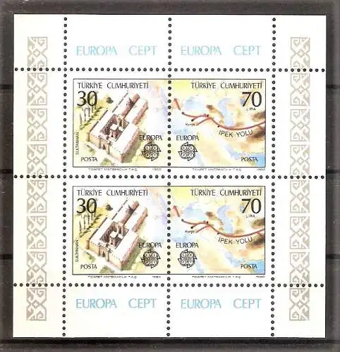Briefmarke Türkei BLOCK 21 ** (Mi.Nr. 2600-2601) Europa CEPT 1982 – Sultanhan-Karawanserei & Historische Seidenstrasse
