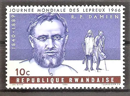 Briefmarke Ruanda Mi.Nr. 143 A ** Welttag der Leprakranken 1966 / Pater Damien (Joseph de Veuster) - Apostel der Aussätzigen