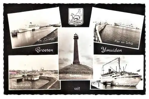 Ansichtskarte Niederlande - IJmuiden - Passagierdampfer "Oranje", Leuchtturm, Nordschleuse, Passagierdampfer "Bergensfjord" (1426)