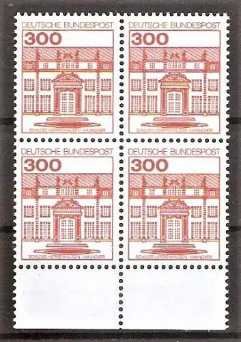 Briefmarke BRD Mi.Nr. 1143 A I ** Viererblock ! Burgen und Schlösser 1982 / Schloss Herrenhausen