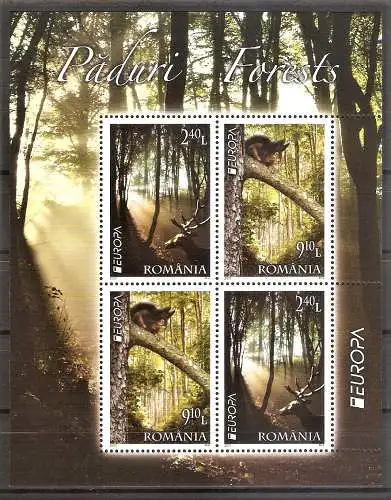 Briefmarke Rumänien Block 500 ** (2 x Mi.Nr. 6522-6523 **) Europa Cept 2011 - Der Wald / Hirsch & Eichhörnchen