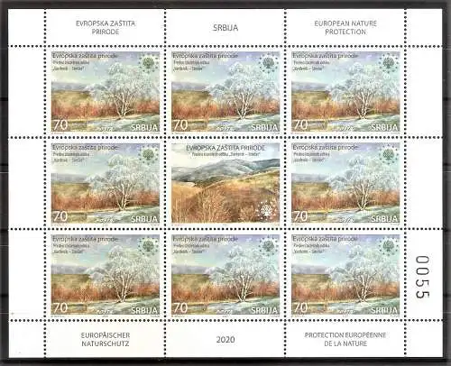 Briefmarke Serbien Mi.Nr. 934 ** (Kleinbogen zu 8 Marken und 1 Zierfeld) Europäischer Naturschutz 2020 / Naturlandschaft Vardenik