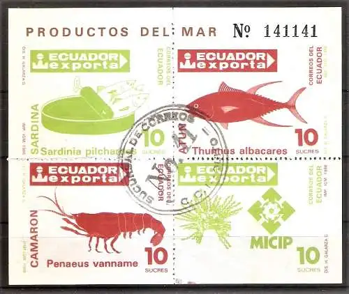 Briefmarke Ecuador Block 124 o (Mi.Nr. 2038-2041 o) Exportartikel 1986 / Ölsardinen, Thunfisch, Garnele, Embleme
