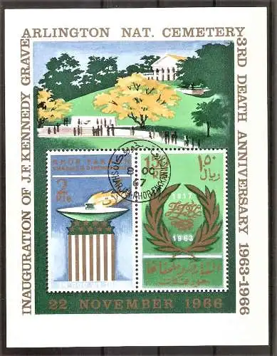Briefmarke Sharjah - Khor Fakkan Block 4 A o (Mi.Nr. 122-123) 3. Todestag von John F. Kennedy 1966 / Brennende Feuerschale auf Grab