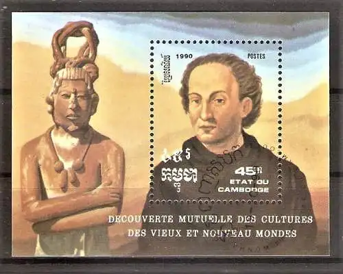 Briefmarke Kambodscha Block 180 o (Mi.Nr. 1192 o) 500. Jahrestag der Entdeckung von Amerika 1992 / Christoph Kolumbus