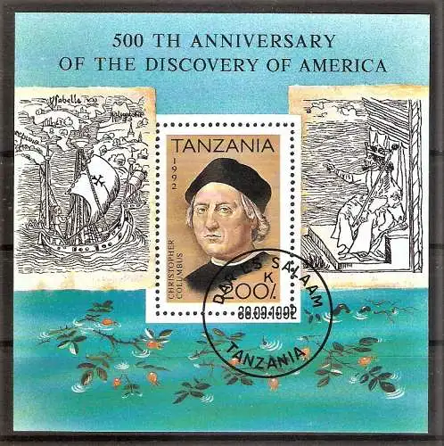 Briefmarke Tanzania Block 189 o (Mi.Nr. 1305 o) 500. Jahrestag der Entdeckung Amerikas 1992 / Christoph Kolumbus