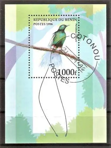 Briefmarke Benin Block 21 o (Mi.Nr. 848 o) Vögel 1996 / Blau-Paradiesvogel (Paradisaea rudolphi)