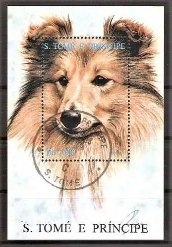 Briefmarke Sao Tome & Principe Block 336 o (Mi.Nr. 1593 o) Hunde 1995 / Collie