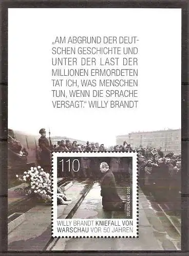 Briefmarke BRD BLOCK 87 ** (Mi.Nr. 3579) 50. Jahrestag des Kniefalls von Warschau 2020 / Bundeskanzler Willy Brandt