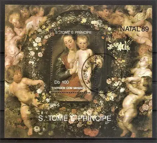 Briefmarke Sao Tome & Principe BLOCK 222 o (Mi.Nr. 1156) Weihnachten 1989 - Gemälde / "Maria mit Kind" - Gemälde von Rubens