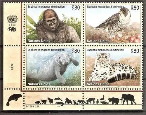 Briefmarke Vereinte Nationen Genf Mi.Nr. 227-230 ** Viererblock - Gefährdete Arten 1993 / Kompletter Satz !