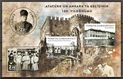 Briefmarke Türkei Block 197 ** (Mi.Nr. 4559-4562 **) 100. Jahrestag der Ankunft von Kemal Atatürk in Ankara 2019