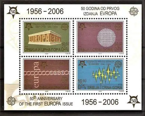 Briefmarke Jugoslawien Mi.Nr. 3257-3260 A ** / Block 59 A ** 50 Jahre Europamarken CEPT 2006