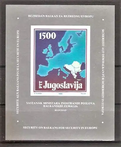 Briefmarke Jugoslawien Mi.Nr. 2266 ** / Block 31 ** Außenminister-Konferenz der Balkanländer Belgrad 1988 / Landkarte Europas