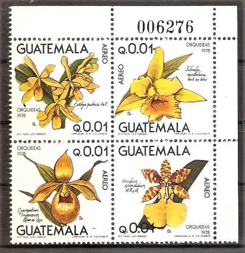 Briefmarke Guatemala Mi.Nr. 1101-1104 ** Orchideen 1978 / Zusammendruck mit Bogenzähler !