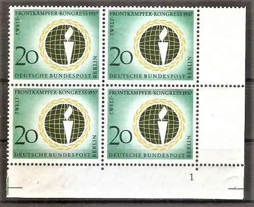 Briefmarke Berlin Mi.Nr. 177 ** VIERERBLOCK u.r. mit FORMNUMMER 1 Welt-Frontkämpfer-Kongress Berlin 1957
