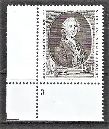 Briefmarke Berlin Mi.Nr. 454 ** BOGENECKE u.l. mit FORMNUMMER 3 / 200. Todestag von Johann Joachim Quantz 1973