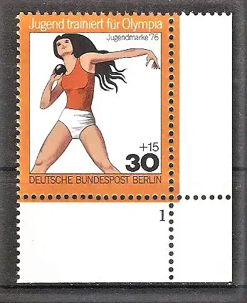 Briefmarke Berlin Mi.Nr. 517 ** BOGENECKE u.r. mit FORMNUMMER 1 / Jugend 1976 - Kugelstoßen Frauen