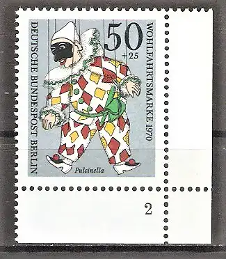 Briefmarke Berlin Mi.Nr. 376 ** BOGENECKE u.r. mit FORMNUMMER 2 / Wohlfahrt 1970 - Marionette Pulcinella