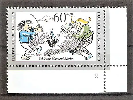 Briefmarke Berlin Mi.Nr. 868 ** BOGENECKE u.r. mit FORMNUMMER 2 / Jugend 1990 - Max und Moritz