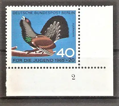 Briefmarke Berlin Mi.Nr. 253 ** BOGENECKE u.r. mit FORMNUMMER 2 / Jugend 1965 - Jagdbares Federwild / Auerhahn